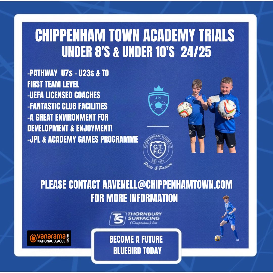 ctfcjacademy's tweet photo. Under 8's &amp; Under 10's  Academy Open Trials 24/25. 

Please contact us to register your interest! 🔵🐦

#pathway #opentrials #academy #futurebluebirds https://t.co/uaNOcub4ay