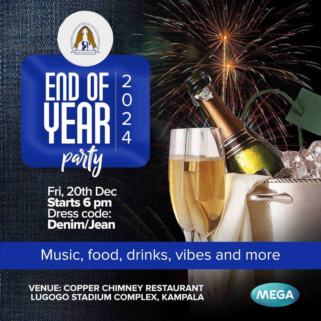 Ugphysiotherapy's tweet photo. Calling all Uganda Physiotherapists! 
Join the UAP family for our annual End-of-Year Party sponsored by @MEGAWeCare 

📅 Date: Friday, 20th December
🕕 Time: 6:00 PM
📍 Venue: Copper Chimney, Lugogo
 #UgandaPhysios #EndOfYearParty https://t.co/wr5ohLqyEO
