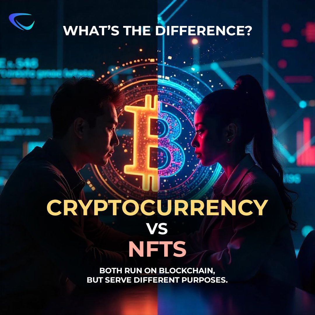 AlphaReturnGame's tweet photo. Cryptocurrency vs NFTs: Both use blockchain, but serve different purposes! Cryptos are digital money, while NFTs are unique digital assets like art and music.
#CryptoVsNFT #Blockchain #DigitalAssets #NFTCommunity #CaesiumLab #Crypto https://t.co/0GAbpn8DJM