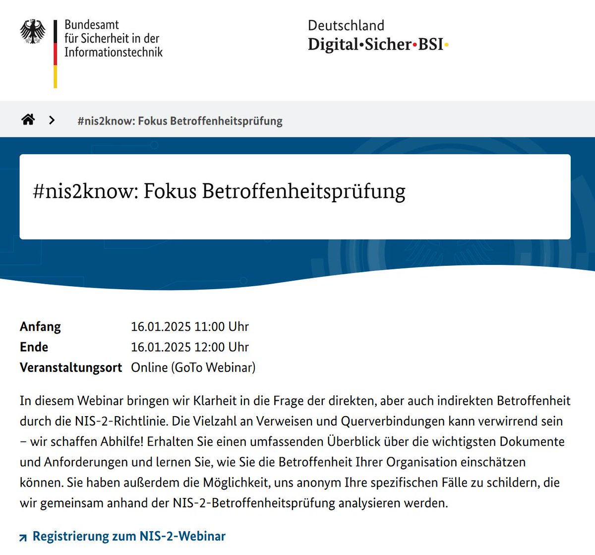 Dennis_Kipker's tweet photo. #NIS2: Wenn zu Weihnachten das kommt, was sich viele gewünscht haben: Das #BSI bietet am 16.1.25 ein #Webinar "#nis2know: Fokus #Betroffenheitsprüfung" an!
Zur Anmeldung geht es hier: https://t.co/djhR0eJxxS https://t.co/9YIcG2CIbM