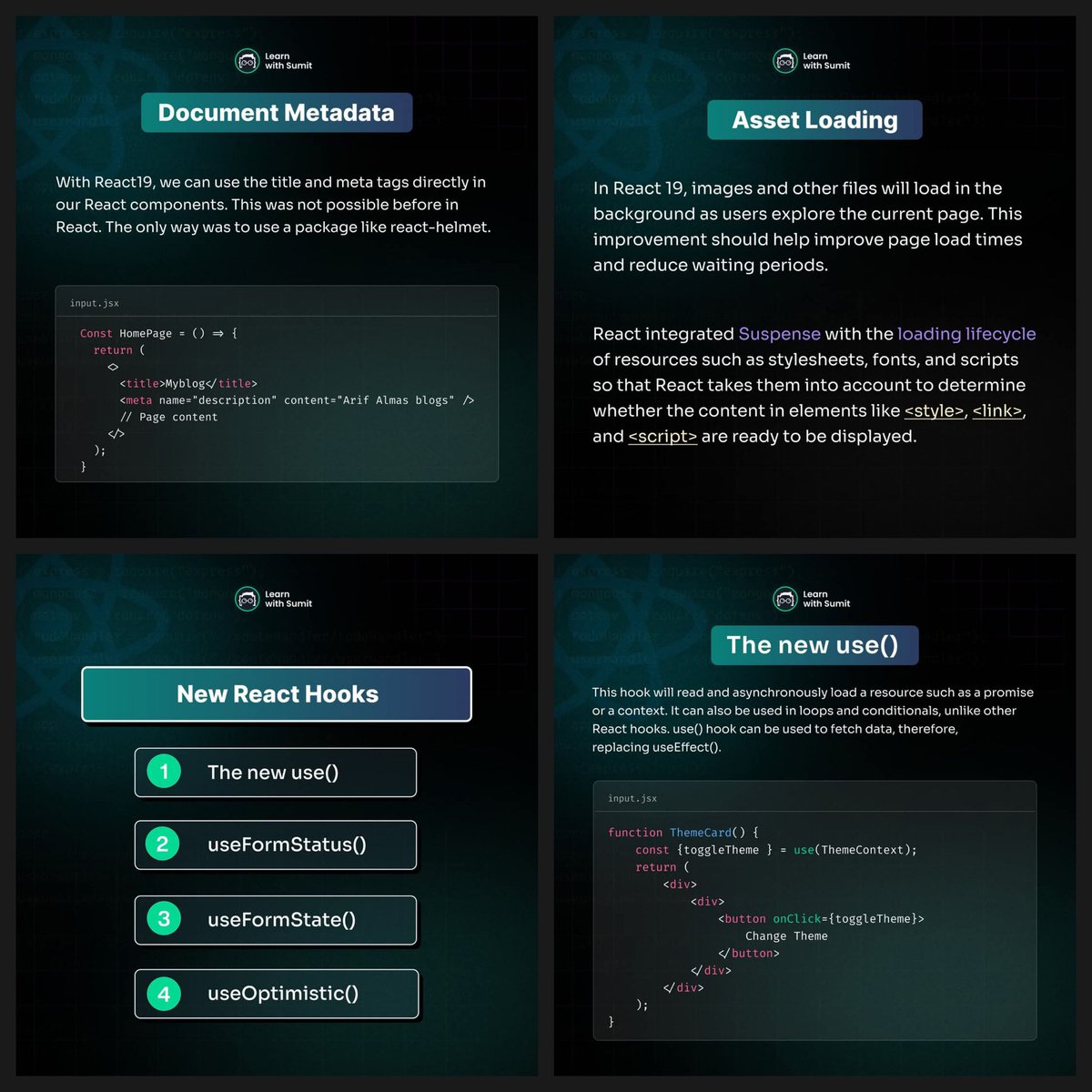 akashusr's tweet photo. New Features in React v19 ❄️
✔︎ React Compiler
✔︎ Asset Loading
✔︎ Actions
✔︎ React Hooks
✔︎ Metadata
✔︎ Auto Memoization
🔗 Video - https://t.co/WShOBe2yo3
#React #react19 #learnwithsumit https://t.co/dQwjtlF0Z2