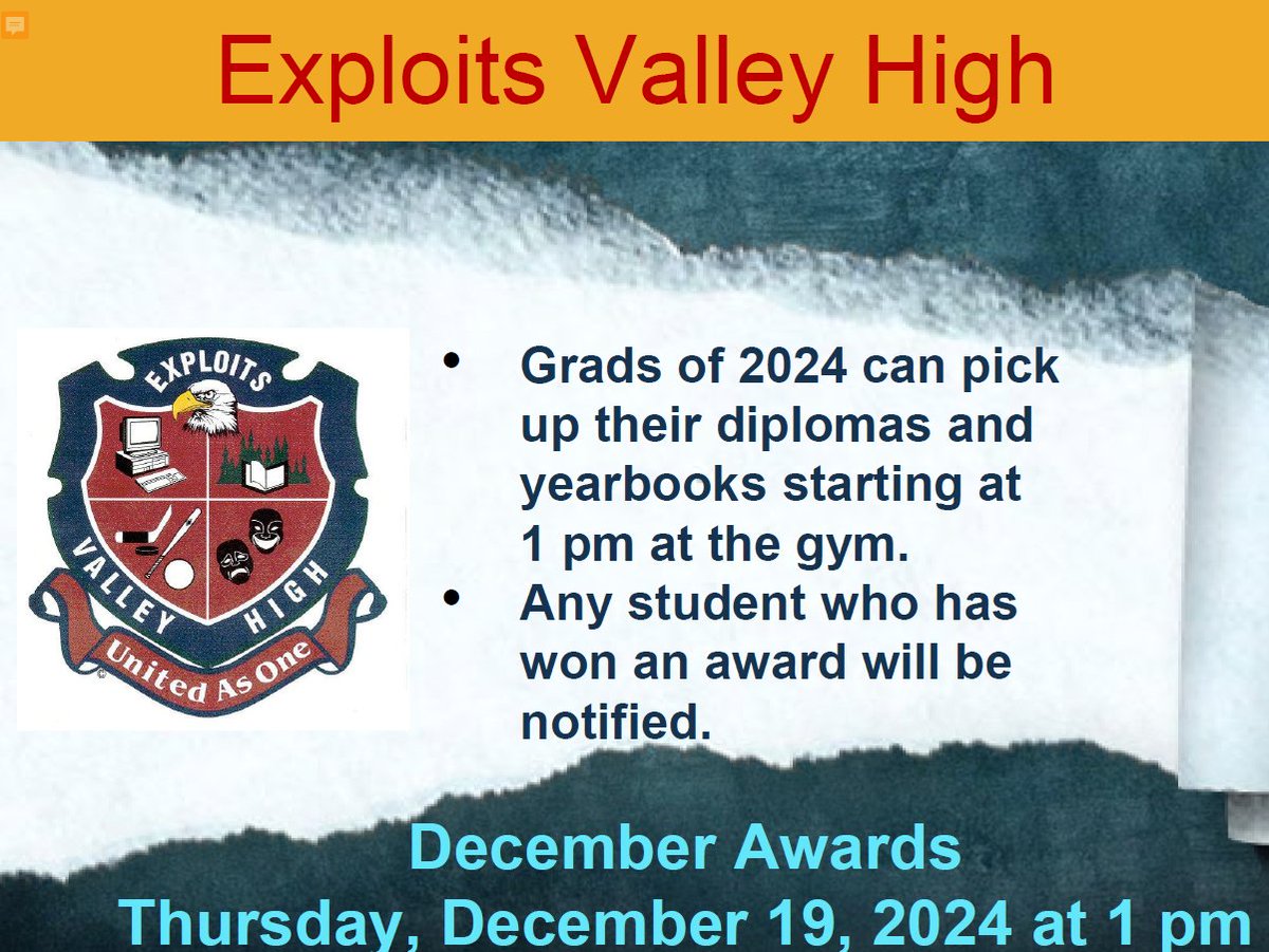 EVH will be hosting its annual December Awards on Thurs Dec 19 at 1 pm for the Grads of 2024. Hope to see you there!