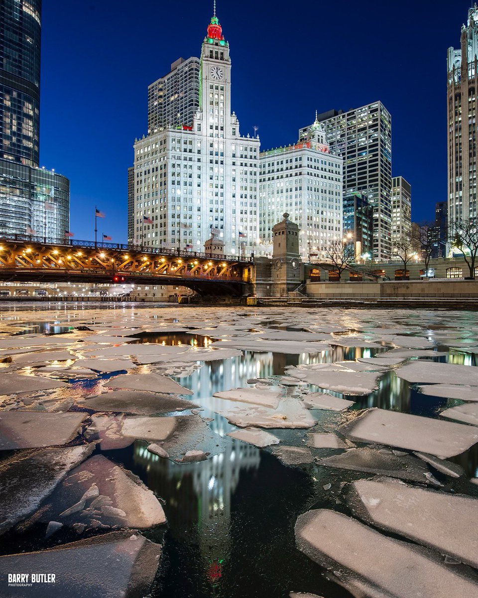 Wrigley Building reflection in the jigsaw ice covered Chicago River on this day in 2013.