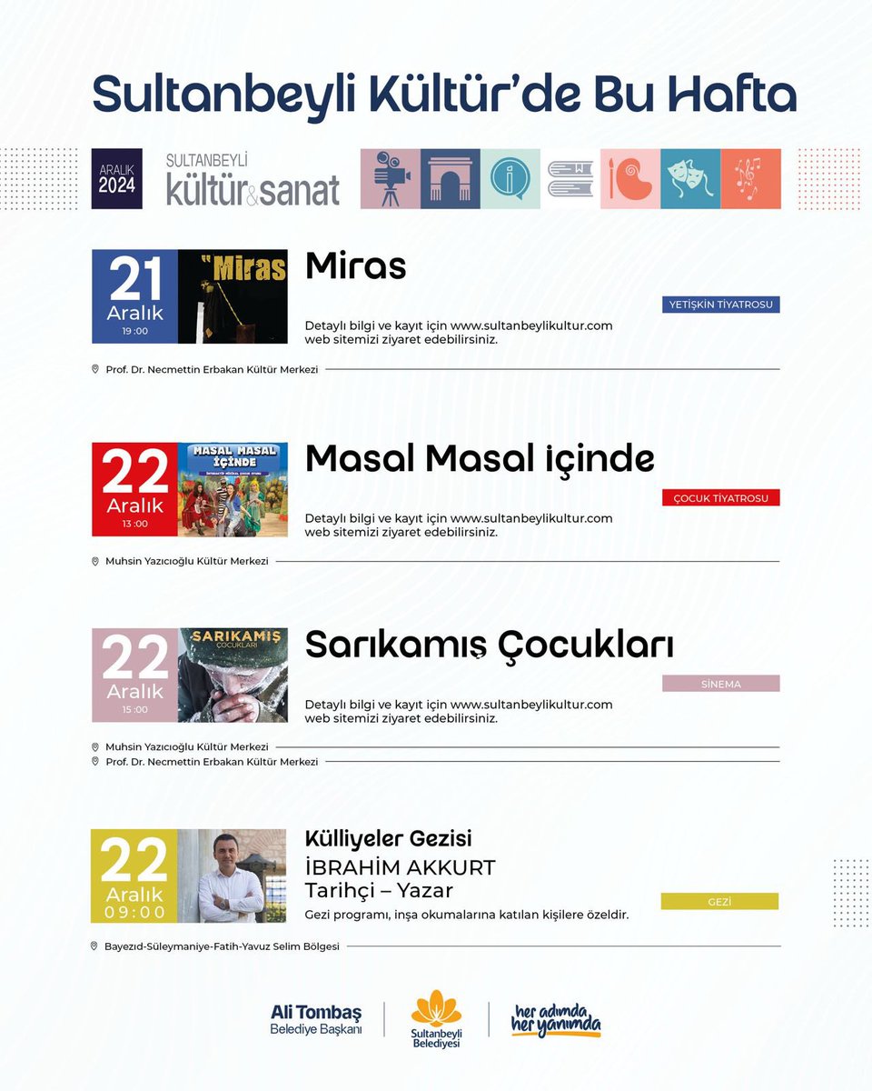 Sultanbeyli Kültür’de Bu Hafta

👉 Detaylı bilgi için sultanbeylikultur.com internet adresimizi ziyaret edebilirsiniz.