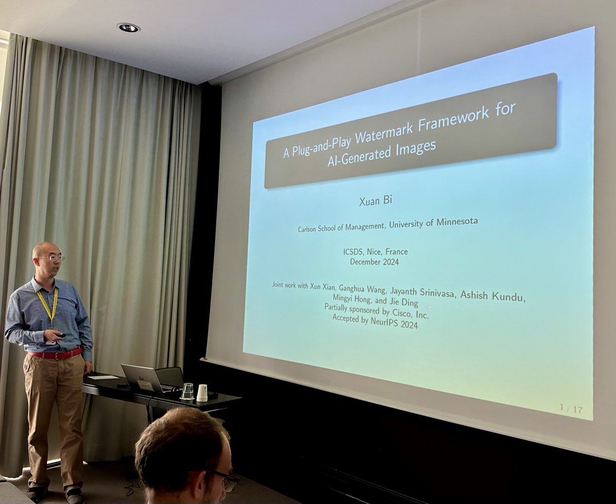 InstMathStat's tweet photo. Xuan Bi @CarlsonNews presents "Plug-and-Play Watermark for AI-Generated Images" at #ICSDS2024 https://t.co/8CqHwBxdNK
