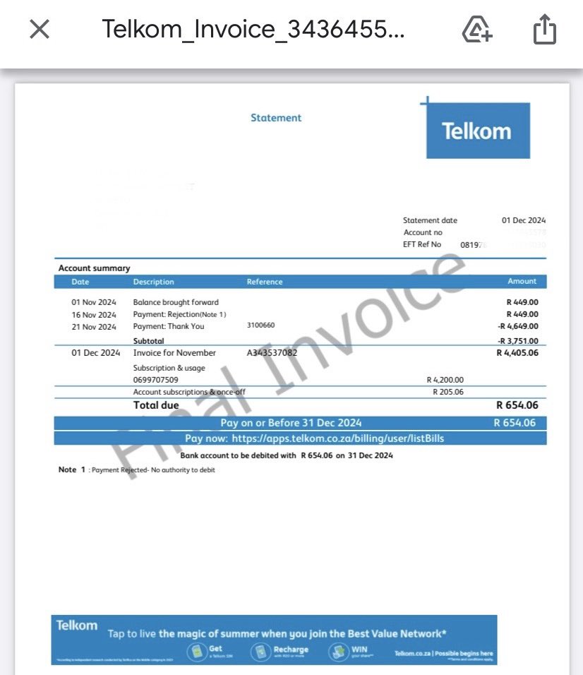 Silangwe_Sicelo's tweet photo. @TelkomZA here is the invoice and proof of payment. https://t.co/KaufBnD9cT