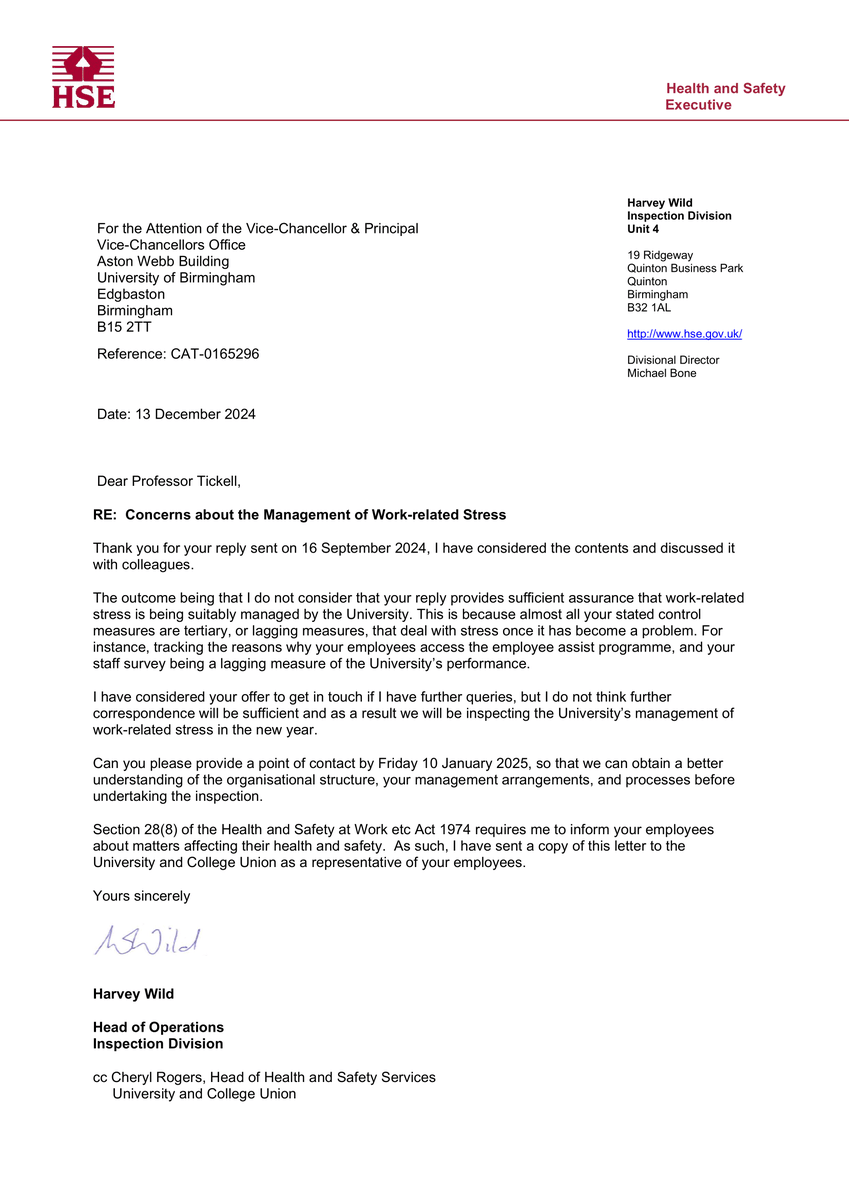The <a href="/H_S_E/">Health and Safety Executive</a> in its reply to <a href="/unibirmingham/">Uni of Birmingham</a>'s response to <a href="/BirminghamUCU/">Birmingham UCU</a>'s complaint: 'I do not consider that your reply provides sufficient assurance that work-related stress is being suitably managed by the University'.

'we will be inspecting the University [..] in the new year'