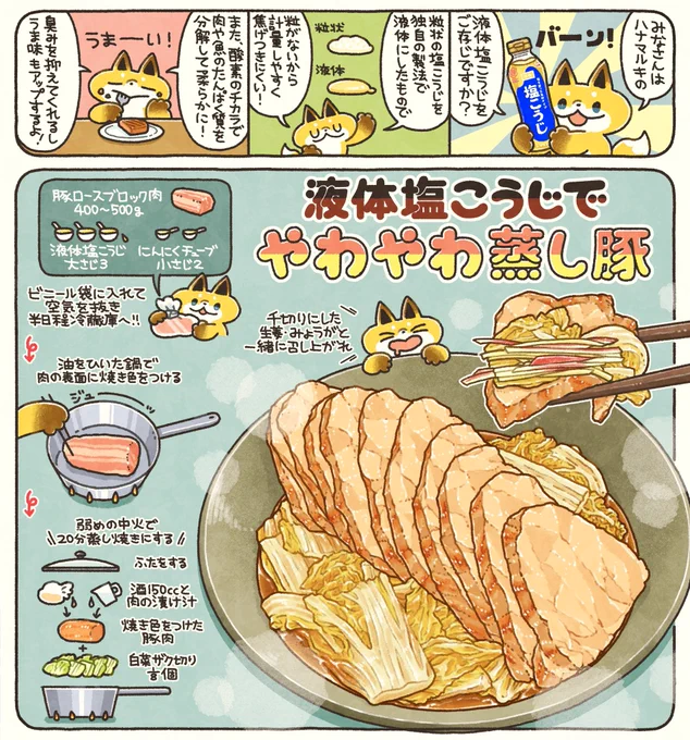 液体塩こうじ+豚ブロック肉を半日ほど漬けておき、鍋に入れて20分蒸し焼きするだけで、お肉やわやわ〜!旨みもUP✨

今の時期おいしい白菜と一緒に蒸し煮にしたらとろとろ甘くて最高でした。ぜひ、千切りにした生姜・ミョウガと一緒に召し上がれ!

#PR #ハナマルキ 
