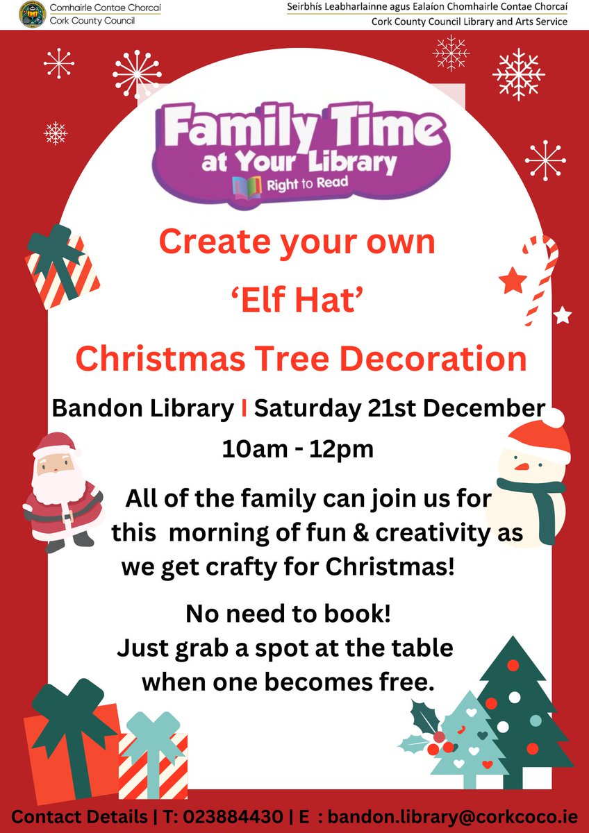 corkcolibrary's tweet photo. Pop in to Bandon Library on Saturday December 21st from 10am – 12pm and create your own ‘Elf Hat’ Christmas Tree Decoration.

It will be a fun time for all the family!

No need to book.

@LibrariesIre @Corkcoco 

#FamilyTimeAtYourLibrary
#RightToRead
#LibrariesIreland https://t.co/0lJLuflEO0
