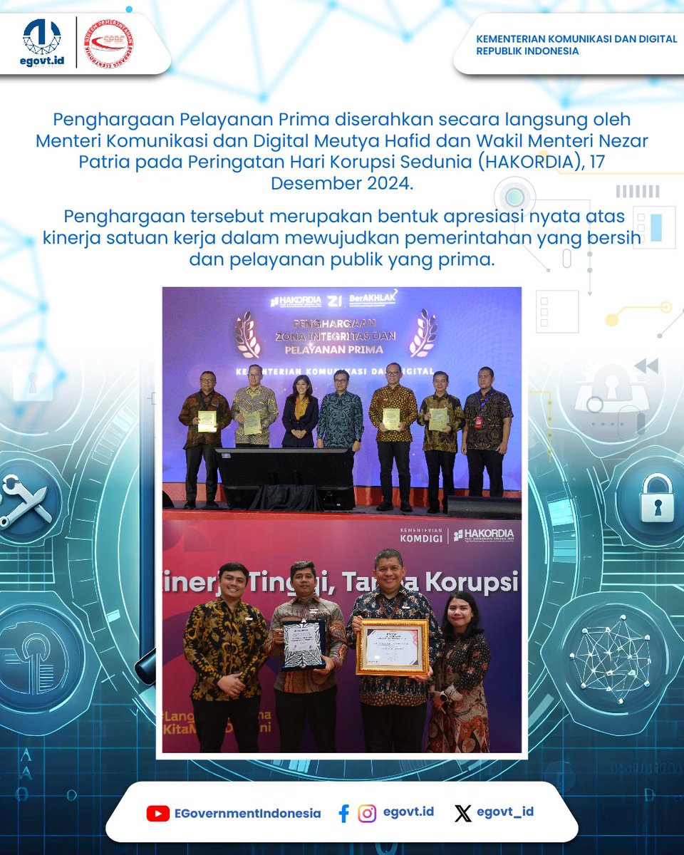 tpdkomdigi's tweet photo. #KawanEgovt, memberikan pelayanan publik yang prima senantiasa menjadi keutamaan bagi Direktorat LAIP. Komitmen tersebut dibuktikan dengan diraihnya Penghargaan Nilai A-Pelayanan Publik Prima Hasil Pemantauan dan Evaluasi Penyelenggaran Pelayanan Publik (PEKPPP).

Penghargaan diserahkan secara langsung oleh Menteri Komunikasi dan Digital Meutya Hafid dan Wakil Menteri Nezar Patria pada Peringatan Hari Korupsi Sedunia (HAKORDIA), 17 Desember 2024. 
Direktorat LAIP akan terus menjaga komitmen untuk menyelenggarakan pelayanan publik yang prima bagi masyarakat!

#DirektoratLAIP
#EgovtIndonesia
#IntegrasikanNegeri