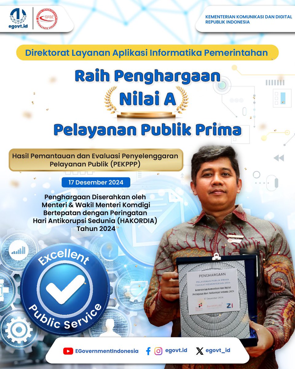 tpdkomdigi's tweet photo. #KawanEgovt, memberikan pelayanan publik yang prima senantiasa menjadi keutamaan bagi Direktorat LAIP. Komitmen tersebut dibuktikan dengan diraihnya Penghargaan Nilai A-Pelayanan Publik Prima Hasil Pemantauan dan Evaluasi Penyelenggaran Pelayanan Publik (PEKPPP).

Penghargaan diserahkan secara langsung oleh Menteri Komunikasi dan Digital Meutya Hafid dan Wakil Menteri Nezar Patria pada Peringatan Hari Korupsi Sedunia (HAKORDIA), 17 Desember 2024. 
Direktorat LAIP akan terus menjaga komitmen untuk menyelenggarakan pelayanan publik yang prima bagi masyarakat!

#DirektoratLAIP
#EgovtIndonesia
#IntegrasikanNegeri