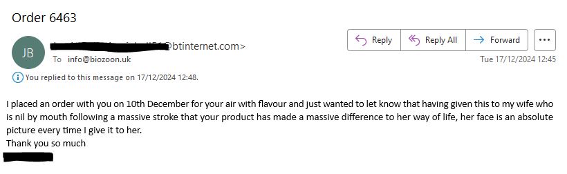Received an email today which conveys the reason we are so passionate about 'Biozoon AIR with Flavour' and what it can do to those who are 'nil by mouth' 😀♥️
