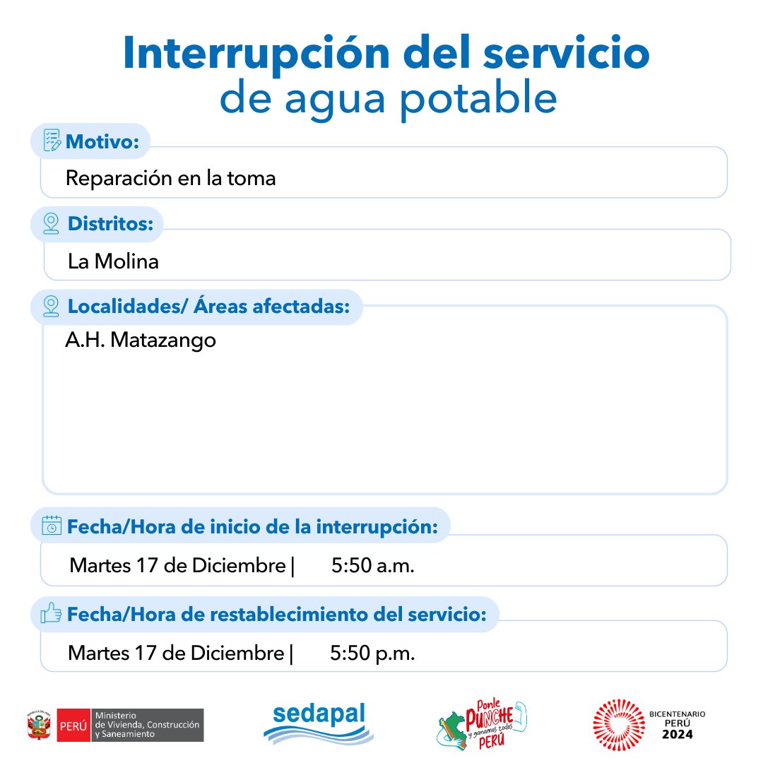 SedapalOficial's tweet image. 🚨 #LoÚltimo | ¡Atención vecinos de #LaMolina! #Sedapal atiende una emergencia imprevista por lo que se interrumpirá parcialmente el servicio de agua en algunos sectores. Más detalles aquí 📷 #InterrupciónDelServicio