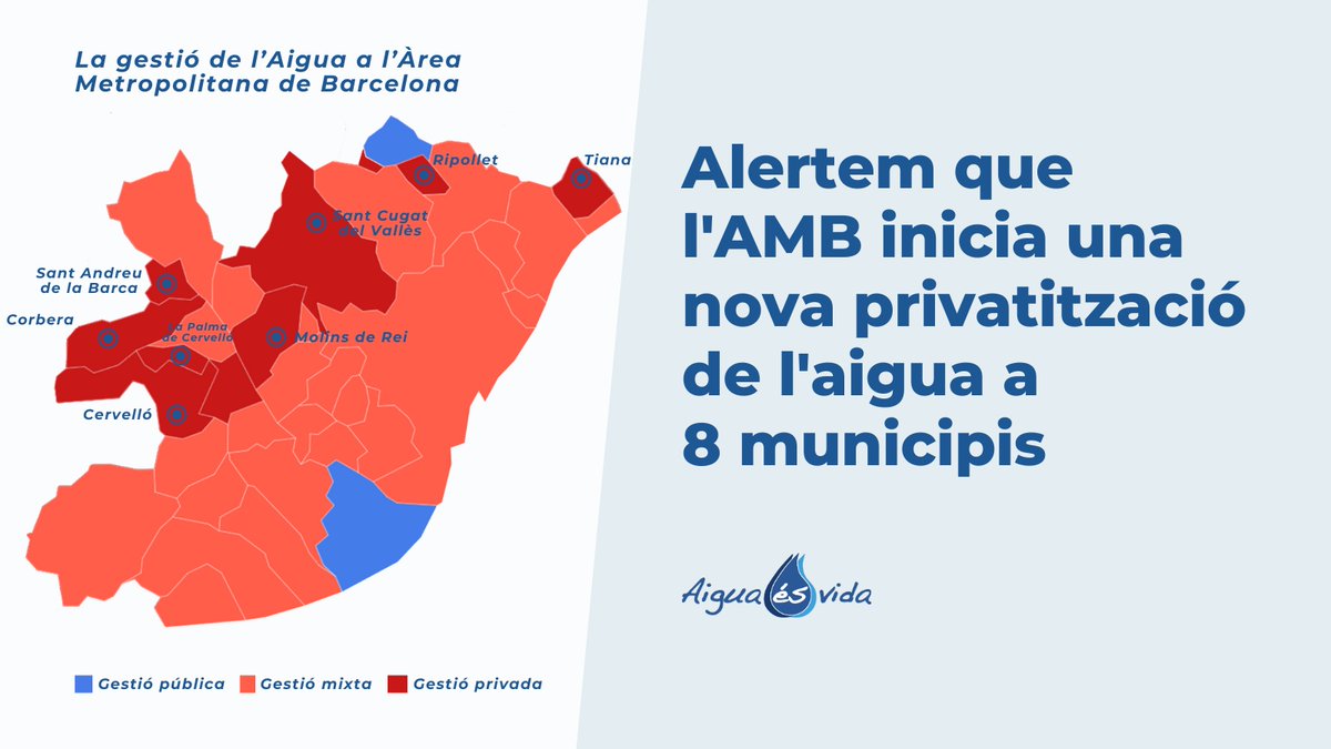 ⚠️Alertem que l'AMB inicia una nova privatització de 8 municipis

L'AMB ha aprovat l'inici d'una licitació privada de l'aigua a Cervelló, Corbera, La Palma de Cervelló, Molins de Rei, Ripollet, Sant Cugat, St Andreu de la Barca i Tiana. 

aiguaesvida.org/amb-inicia-nov…

🧵T'ho expliquem
