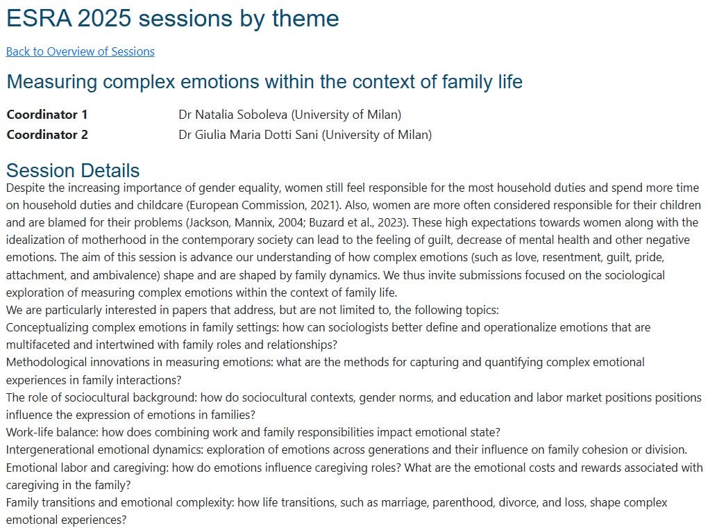 Join our session "Measuring complex emotions within the context of family life" by <a href="/giuliadottisani/">Giulia Dotti Sani</a> and me at the #ESRA25 @ESRAsurvey conference. Deadline for abstract submission is extended to January 6 2025. Here is the link: europeansurveyresearch.org/conf2025/sessi…