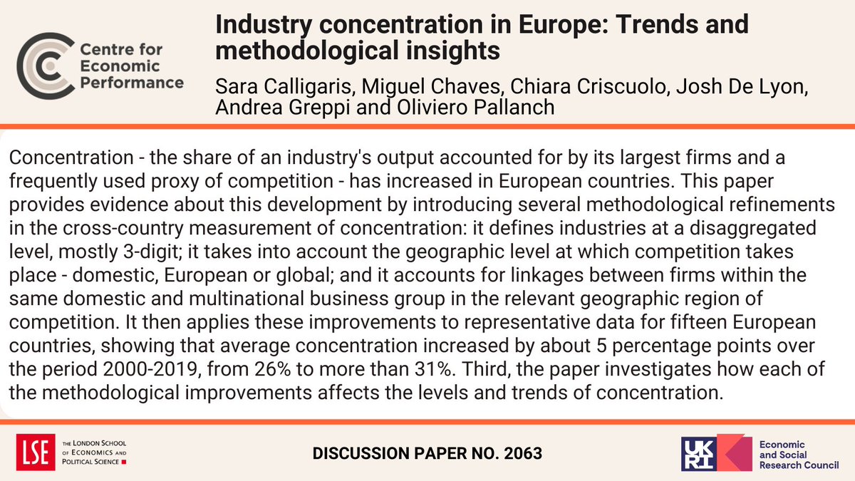 Centre for Economic Performance (@cep_lse) on Twitter photo Industry concentration in Europe: Trends and methodological insights
By @Sara_Calligaris, Miguel Chaves, <a href="/C_Criscuolo/">Chiara Criscuolo</a>, <a href="/joshdelyon/">Josh De Lyon</a>, @Uagreppi and Oliviero Pallanch
Read at: ow.ly/TTMi50UstYY Industry concentration in Europe: Trends and methodological insights
By @Sara_Calligaris, Miguel Chaves, <a href="/C_Criscuolo/">Chiara Criscuolo</a>, <a href="/joshdelyon/">Josh De Lyon</a>, @Uagreppi and Oliviero Pallanch
Read at: ow.ly/TTMi50UstYY