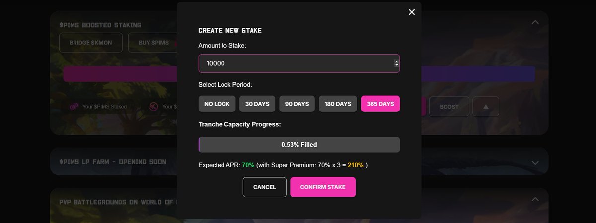 📢 The $PIMS Staking Protocol is now LIVE!

💰 Stake your $PIMS and earn up to 210% APY with flexible options.
✨ Key Features:

✅ Tiered APRs: From no-lock options to 365-day lock-ups for maximum rewards.
✅ Boost Your Earnings: Stake KMON alongside PIMS to double your APR.
✅