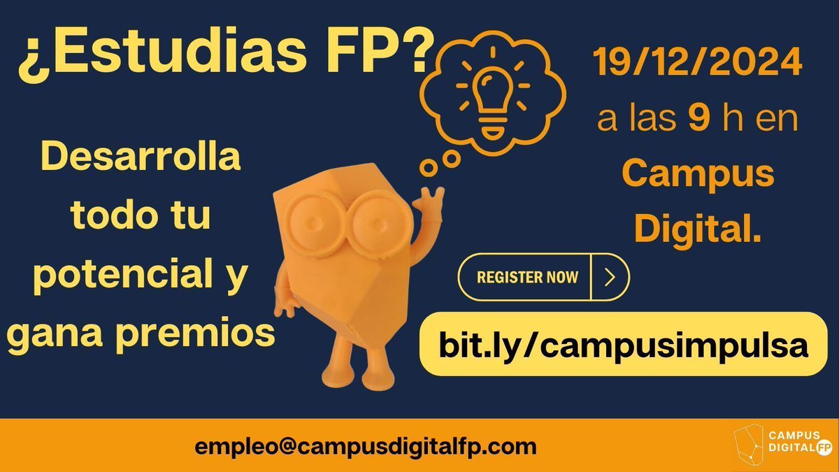 ¿Estudias FP?

Vente el jueves 19 de diciembre (9 a 14 h.) al Campus Digital.

🚀 "Impulsa tu Futuro: De la Idea a la Acción"

📣 ¡Últimas plazas disponibles!

📣 ¡Habrá sorpresas y premios! 

Inscríbete ya en: bit.ly/campusimpulsa