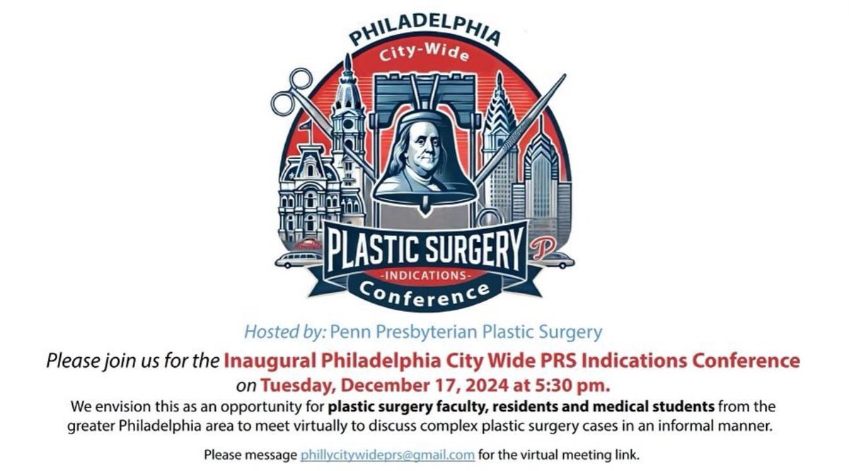 PennPlasticSurgery (@pennplasticsurg) on Twitter photo Happening TODAY
A City-Wide Indications Conference with Penn, Jefferson & Temple presenting one fascinating case!
Featuring:
Radial Artery Reconstruction
Lower Extremity Reconstruction
Chest Wall Reconstruction
Email: phillycitywideprs@gmail.com for the link Happening TODAY
A City-Wide Indications Conference with Penn, Jefferson & Temple presenting one fascinating case!
Featuring:
Radial Artery Reconstruction
Lower Extremity Reconstruction
Chest Wall Reconstruction
Email: phillycitywideprs@gmail.com for the link