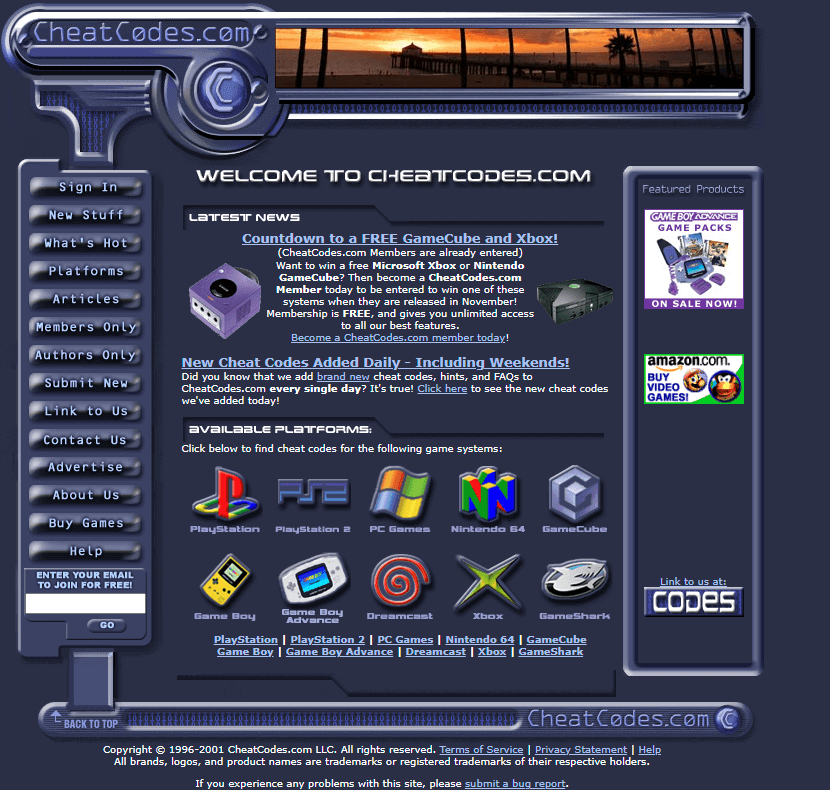 VideoGameHstry's tweet photo. CheatCodes homepage in 2001 https://t.co/RM4kzA8zuN