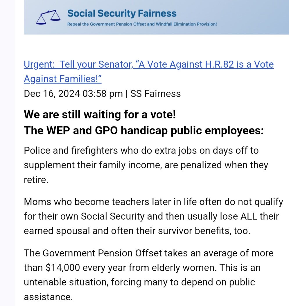 RepealWEP's tweet image. The vote is still pending❗️ Call your State Senator TODAY and make your voice heard‼️ There is no 'windfall' for retirees subject to the Windfall Elimination Provision. Only legalized THEFT of rightfully earned #SocialSecurity benefits. #HR82 @RepGarretGraves @JDVance