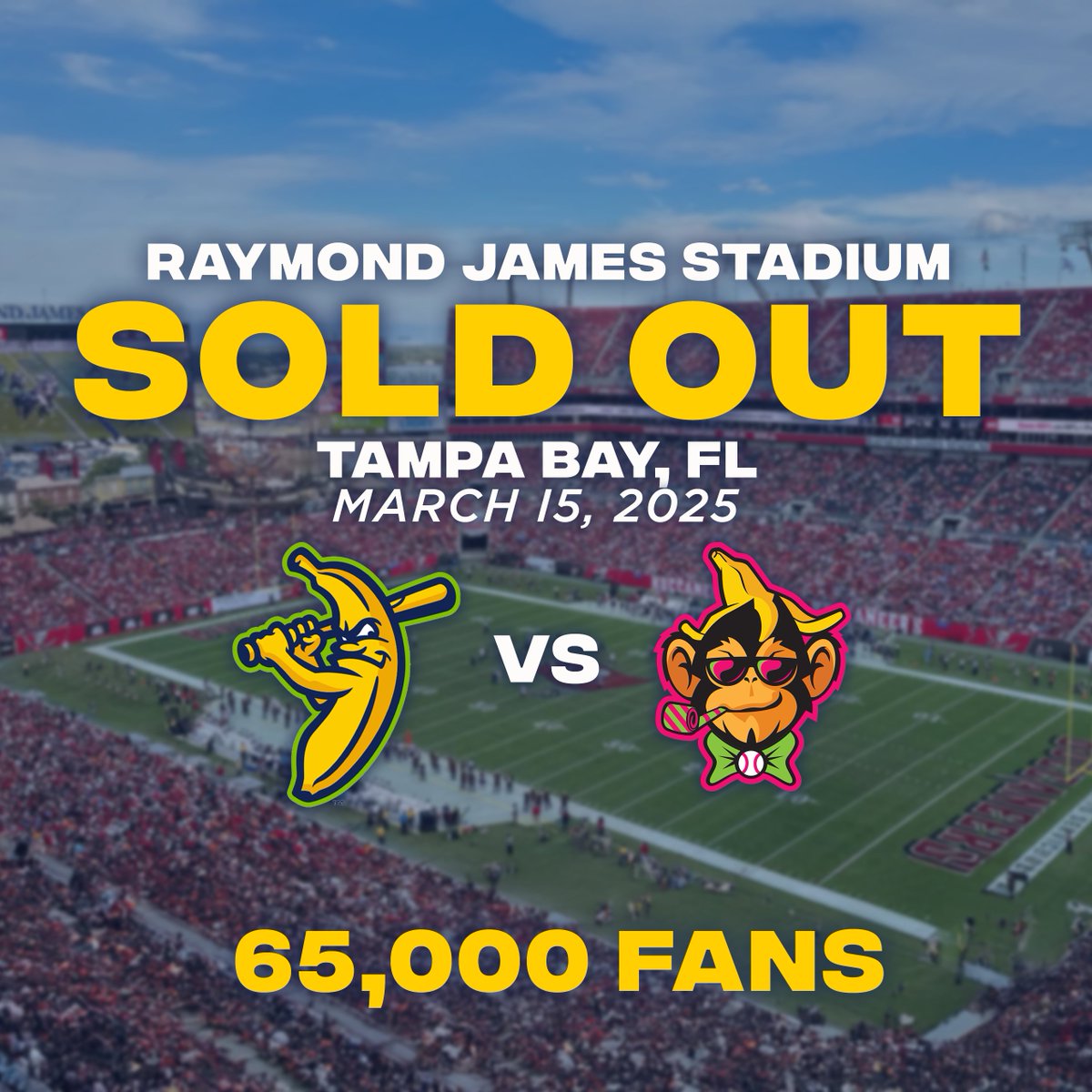 Jesse Cole (@yellowtuxjesse) on Twitter photo The first NFL Stadium in Banana Ball History is officially sold out.
<a href="/TheSavBananas/">Savannah Bananas</a> vs <a href="/ThePrtyAnimals/">The Party Animals</a> is going to be a historic a night with 65,000 fans in Tampa. The first NFL Stadium in Banana Ball History is officially sold out.
<a href="/TheSavBananas/">Savannah Bananas</a> vs <a href="/ThePrtyAnimals/">The Party Animals</a> is going to be a historic a night with 65,000 fans in Tampa.
