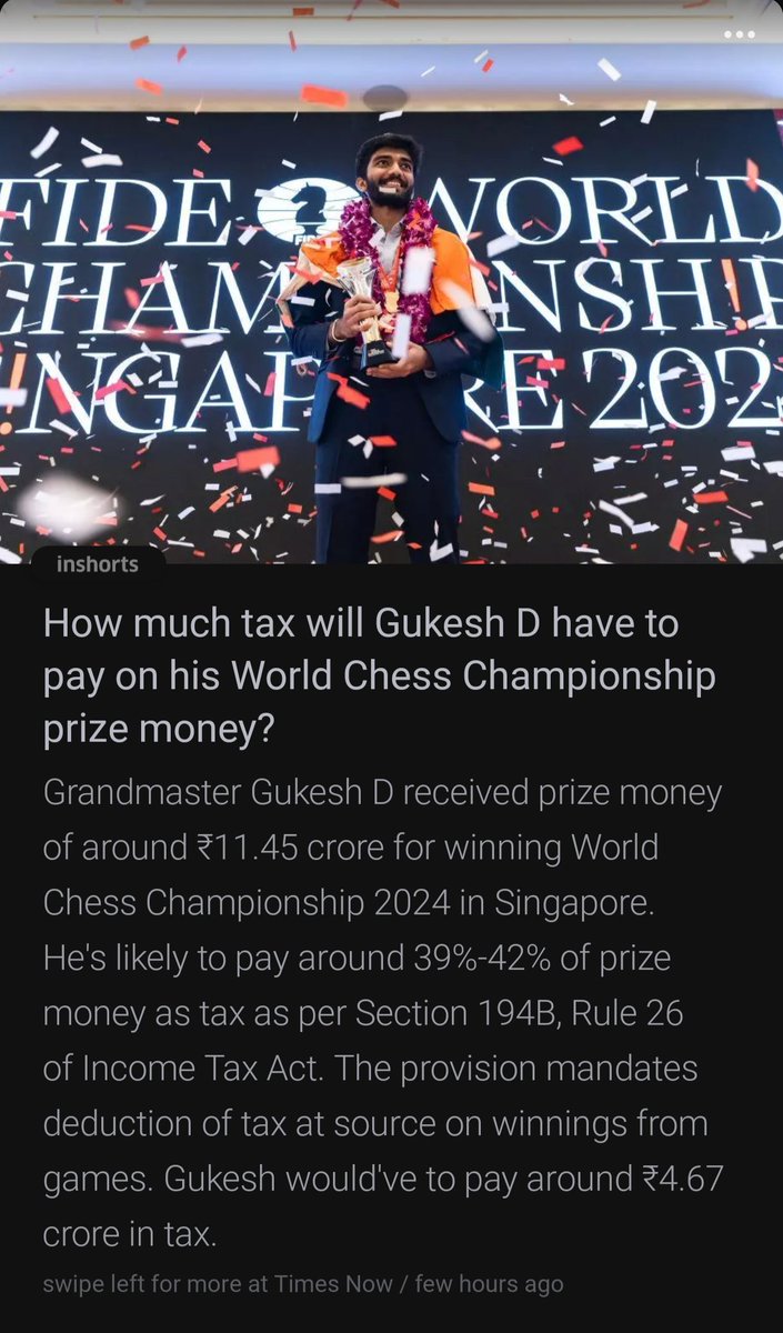 That's how INDIA 🇮🇳 treats its HEROES.

By sucking out all their money  💰

Treat ❌ TAX ✅

#GukeshDommaraju #TaxLoot #ChessChampionship