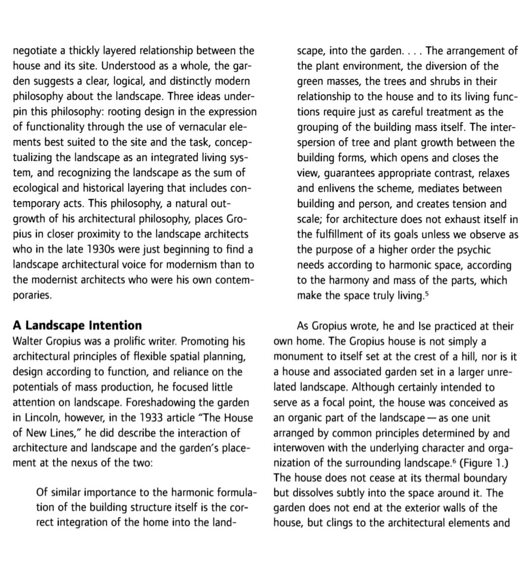 architext14's tweet image. Gropius’ approach to landscape. Create a living being. His house integrated to the path of the sun, the orchard it was built upon, and the old farm walls.