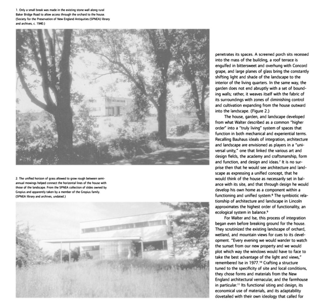 architext14's tweet image. Gropius’ approach to landscape. Create a living being. His house integrated to the path of the sun, the orchard it was built upon, and the old farm walls.
