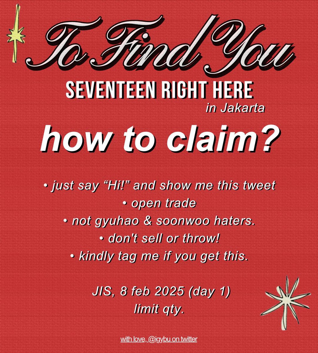 SEVENTEEN RIGHT HERE in JAKARTA FREEBIES
To Find You 🏡❤️⭐ - by igybu

🗓️ 8 february 2024, day 1
❓ JIS
⏰ TBA

Check out bellow for more info.
See you, CARATS! 

#SEVENTEEN_RIGHT_HERE_IN_JAKARTA