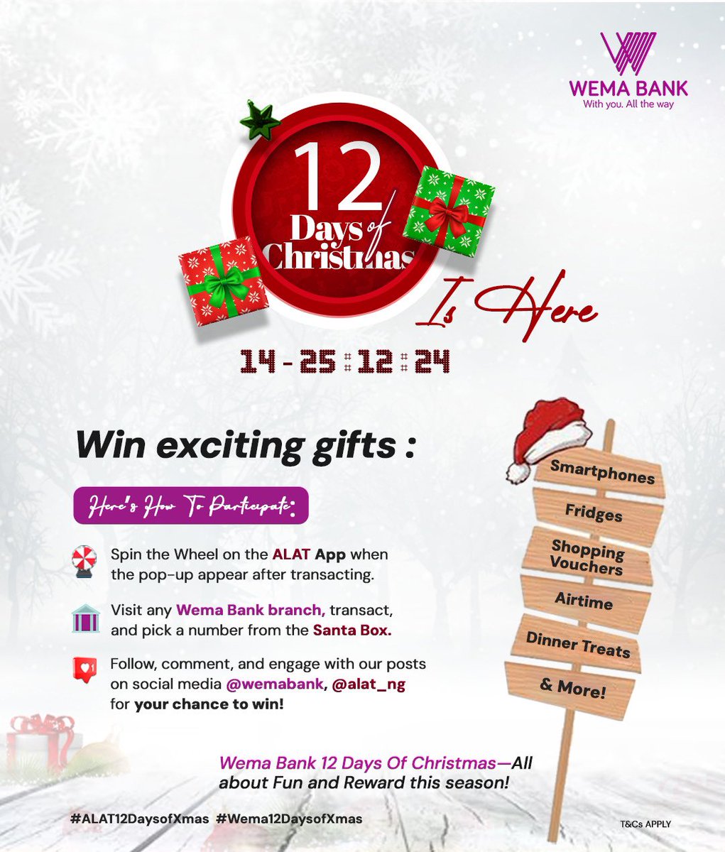 liliandey4uu's tweet photo. Wema Bank's 12 Days of Xmas is here! Follow @wemabank and @alatng to unwrap joy and win BIG! #Wema12DaysOfXmas https://t.co/tYVesnf5hA
