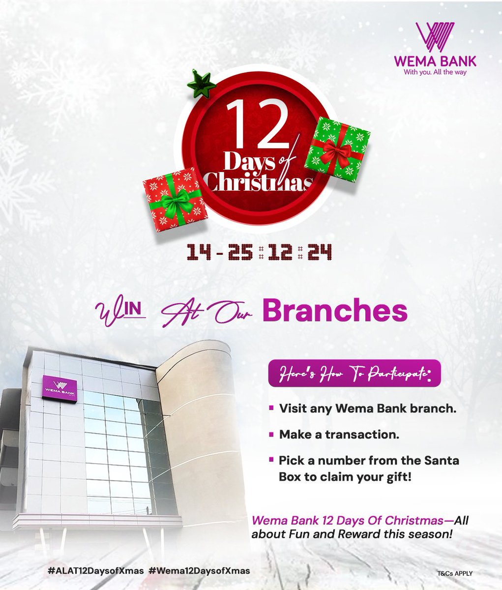 liliandey4uu's tweet photo. Wema Bank's 12 Days of Xmas is here! Follow @wemabank and @alatng to unwrap joy and win BIG! #Wema12DaysOfXmas https://t.co/tYVesnf5hA