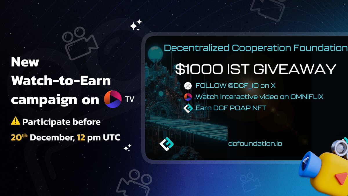 FLIXdotFUN's tweet image. New Watch-to-Earn campaign alert fam 🚨🚨

The rules are simple:

1️⃣ Follow x.com/DCF_io 

2️⃣ Watch &amp;amp; interact with the video⬇️
🔗 OmniFlix.tv/iv/675fee5f0a5…

3⃣ Earn a DCF POAP NFT on OmniFlix.market

4⃣ 4 participants to earn from 1000 $IST reward pool

More…