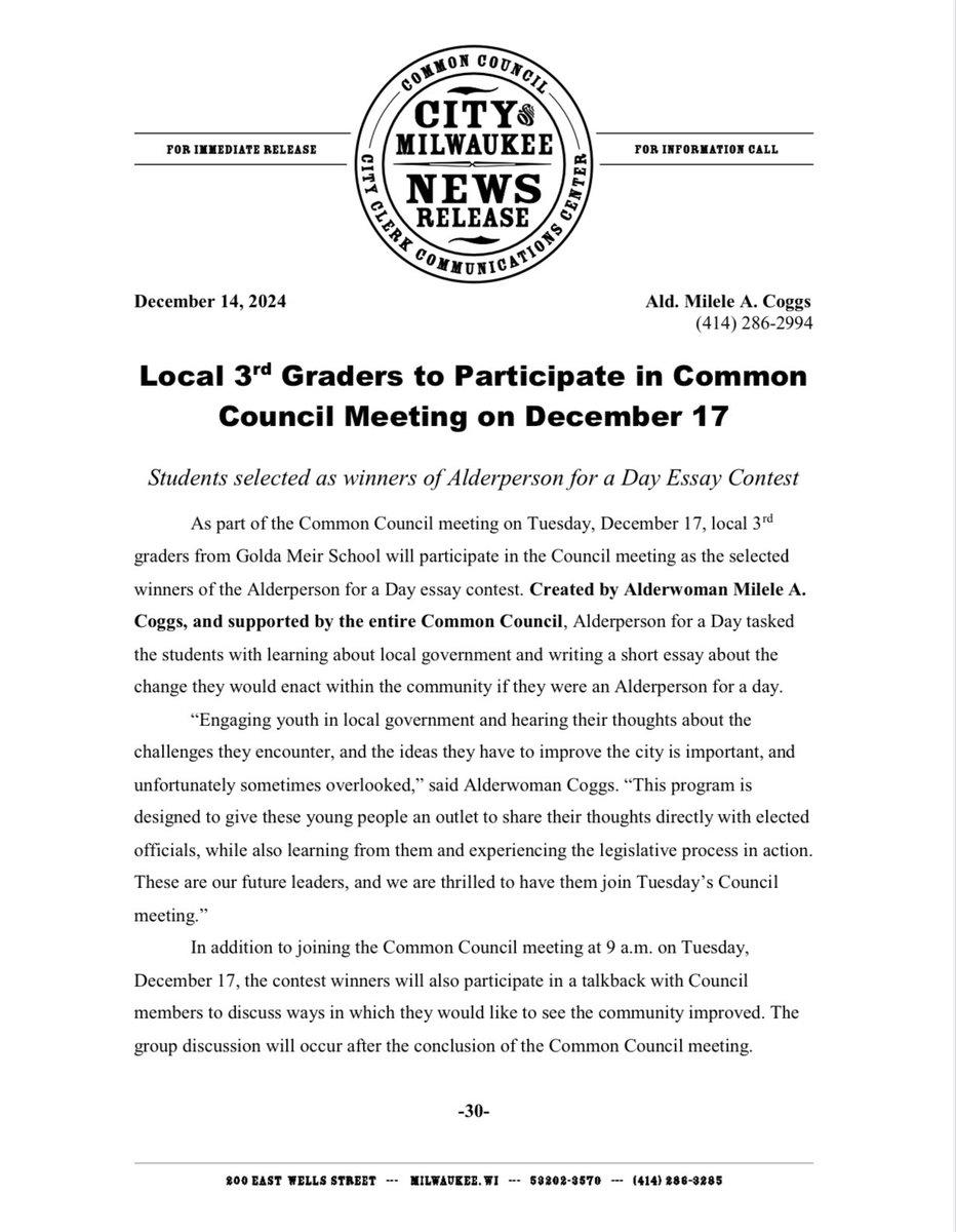 Local 3rd Graders to Participate in Common Council Meeting on December 17

Students selected as winners of Alderperson for a Day Essay Contest

city.milwaukee.gov/ImageLibrary/G…