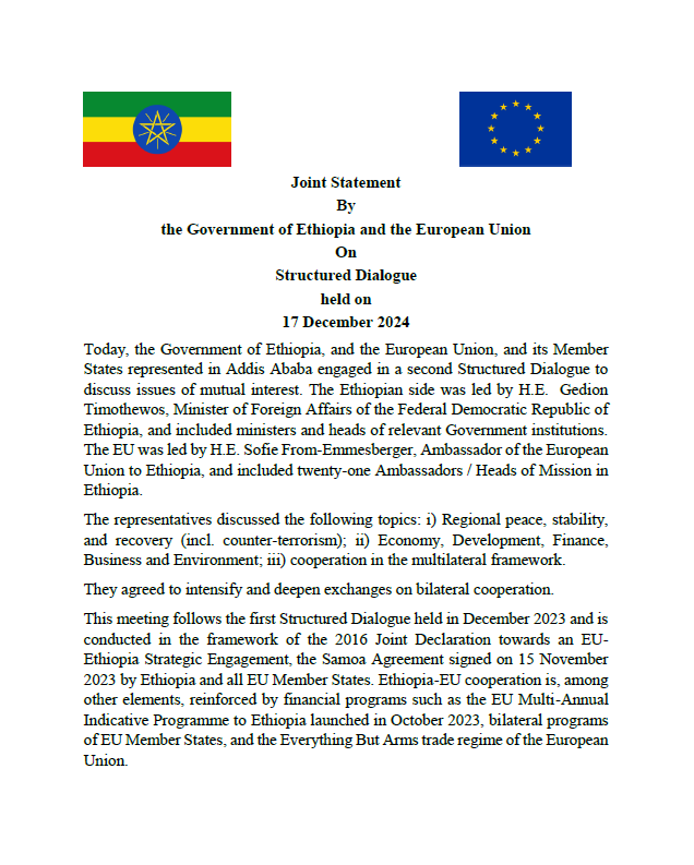 Joint Statement by the Government of Ethiopia 🇪🇹 and the European Union 🇪🇺 following second Structured Dialogue held on 17 December 2024