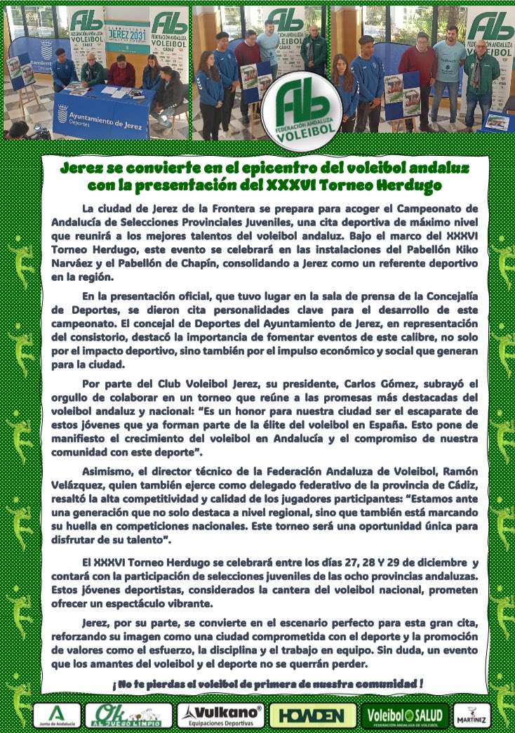 📣 Presentación oficial del Campeonato de Andalucia de Selecciones Provinciales Juveniles - Torneo Herdugo que se celebrará en la ciudad de Jerez del 27 al 29 de diciembre 
🏐 🏐 🏐 🏐 
 ✍️ Los mejores andaluces Juveniles y Juniors ✍️

<a href="/DeporteAND/">Andalucía es Deporte</a>
<a href="/SuperVoleySpain/">SuperVoley Spain</a>
<a href="/TodovoleySpain/">Todovoley</a>