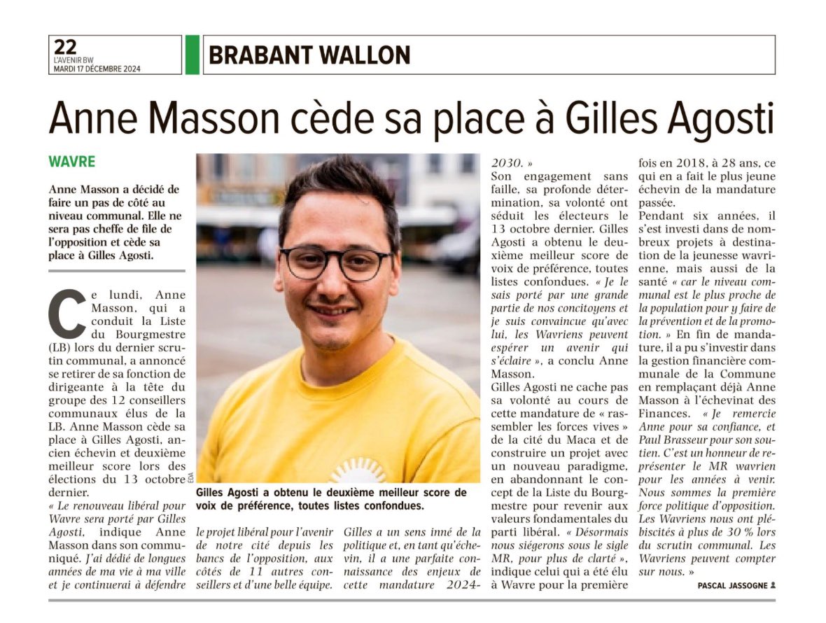 Je serai le nouveau chef de file du <a href="/MR_officiel/">MR</a> au Conseil communal de la @VilledeWavre 💪🏻

Merci à <a href="/AnneMASSON63/">Anne MASSON</a> pour sa confiance et ce geste fort qui marque un tournant important pour les libéraux de Wavre, Limal et Bierges 👇🏻