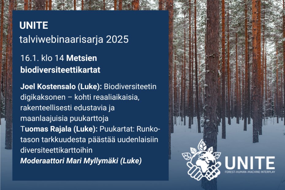 UNITE Flagship (@uniteflagship) on Twitter photo Joulu lÀhestyy, mutta heti torstaina 16.1. kÀynnistÀmme talviwebinaarisarjamme. Ekan webinaarin teemana ovat metsien biodiversiteettikartat.
Tervetuloa mukaan kuulolle, kysymÀÀn ja keskustelemaan: uniteflagship.fi/fi/2024/12/12/âŠ
#FinnishFlagships <a href="/LukeFinland/">Luonnonvarakeskus</a> Joulu lÀhestyy, mutta heti torstaina 16.1. kÀynnistÀmme talviwebinaarisarjamme. Ekan webinaarin teemana ovat metsien biodiversiteettikartat.
Tervetuloa mukaan kuulolle, kysymÀÀn ja keskustelemaan: uniteflagship.fi/fi/2024/12/12/âŠ
#FinnishFlagships <a href="/LukeFinland/">Luonnonvarakeskus</a>