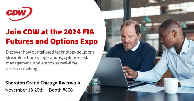 Excited for the 2024 FIA Futures &amp; Options Expo? Stop by CDW’s Booth #808! Discover our solutions for streamlining trading ops, optimizing risk, and enabling real-time decision-making. Let’s connect and keep you ahead in the game! #FIAExpo dy.si/MqnmPh2