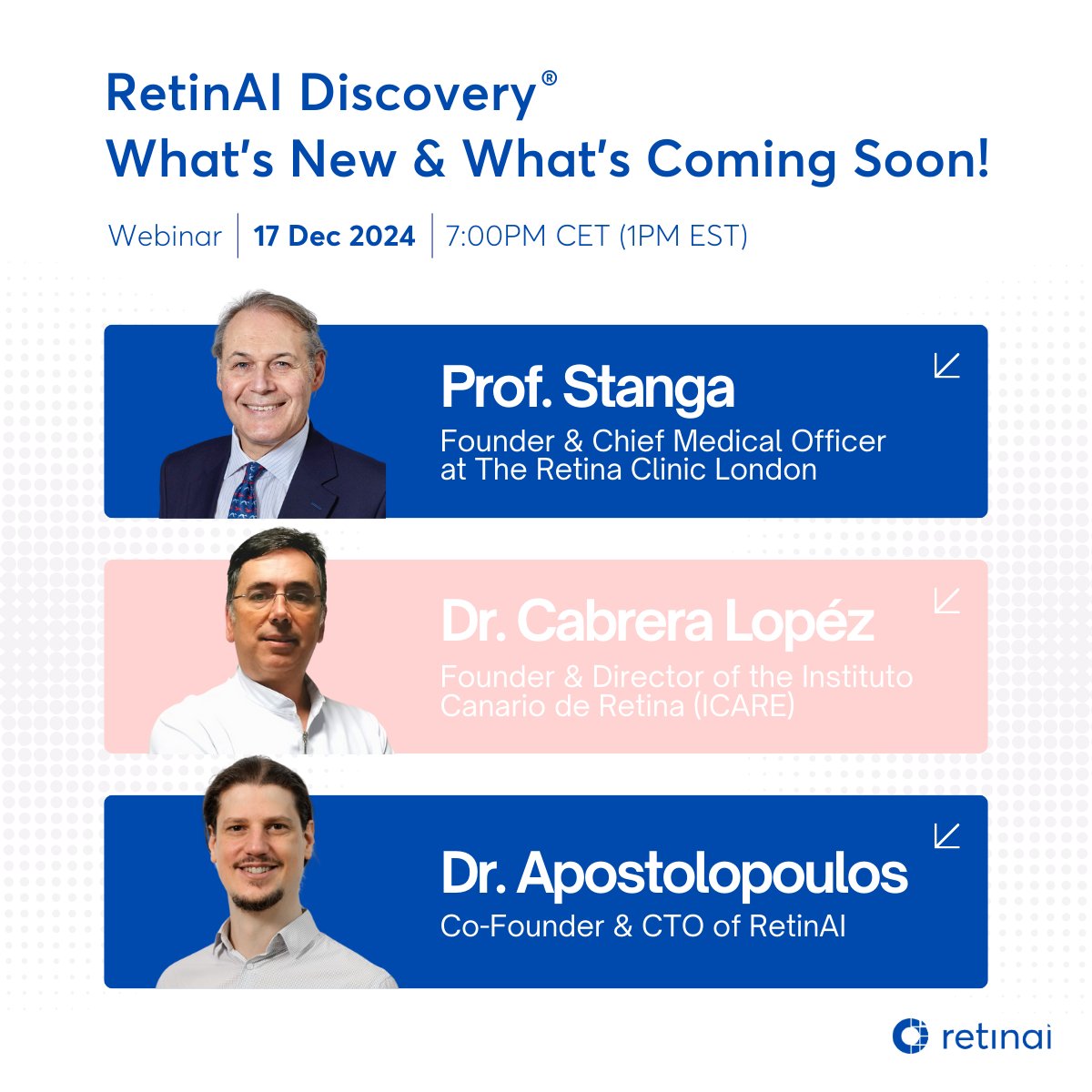 Join us today at 7PM CET | 1PM EST for a sneak peek at what’s coming in 2025 for RetinAI Discovery®!
🔹 Insights from Prof. Paulo Stanga &amp; Dr. Francisco Cabrera López
🔹 2024 highlights &amp; achievements
🔹 New &amp; Upcoming features sneak peek 

Register now 👉 retinai.com/events/retinai…