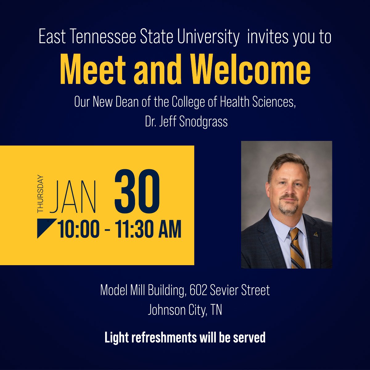 ETSUCCRHS's tweet photo. Come meet our new dean, Dr. Jeff Snodgrass on Jan. 30th at the Model Mill from 10:00-11:30 am. We would love to see you there. 
#etsu #CollegeOfHealthSciences #newdean https://t.co/qWk9CM4rei
