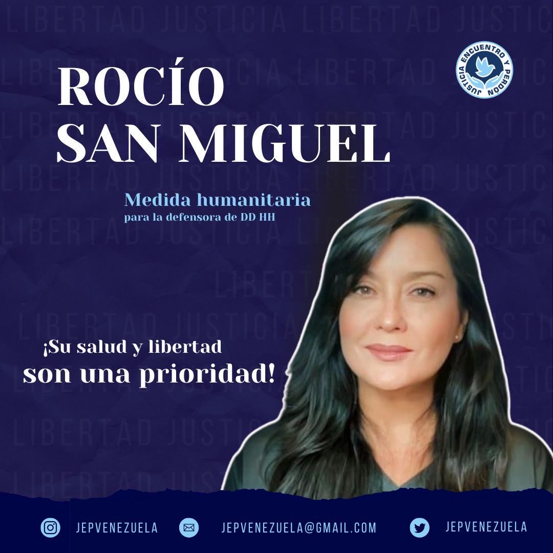 JEPvzla's tweet photo. La presidenta de Control Ciudadano, Rocío San Miguel, detenida por razones políticas desde hace más de 10 meses enfrenta una crítica situación.  El retardo de las autoridades en proporcionarle atención médica hace cuatro meses ocasionó que la salud de la defensora se comprometiera, siendo necesaria una operación.       

Esta situación no solo pone en riesgo la salud de Rocío San Miguel, sino que también plantea serias dudas en cuanto a que la administración penitenciaria pueda  garantizar su adecuada recuperación y rehabilitación. Además, es imposible que tras una intervención de esta magnitud, se cumpla debidamente con los cuidados requeridos en un contexto penitenciario.     

 Por ello, exhortamos a que se se otorgue una medida cautelar por razones humanitarias para que Rocío San Miguel reciba la atención médica de personal de su confianza, quienes están en la mejor posición para proporcionarle los cuidados que necesita.      

La rehabilitación postoperatoria es un proceso delicado que no solo depende de la intervención quirúrgica, sino también de un entorno propicio y de la atención continua que solo puede ser garantizada fuera del sistema penitenciario.    #JusticiaYLibertad #LibertadParaRocíoSanMiguel