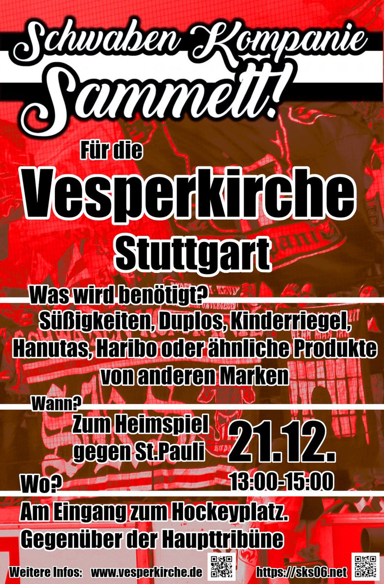 VfB_Fanbetreuer's tweet photo. Die Schwaben Kompanie nutzt unser Heimspiel am Samstag, um Lebensmittel für die Vesperkirche zu sammeln. Alle Infos findet ihr auf der Website von SKS
➡️https://t.co/uvP6mefCEq

#VfB | #VfBFCSP https://t.co/TFrQ6bR2kF