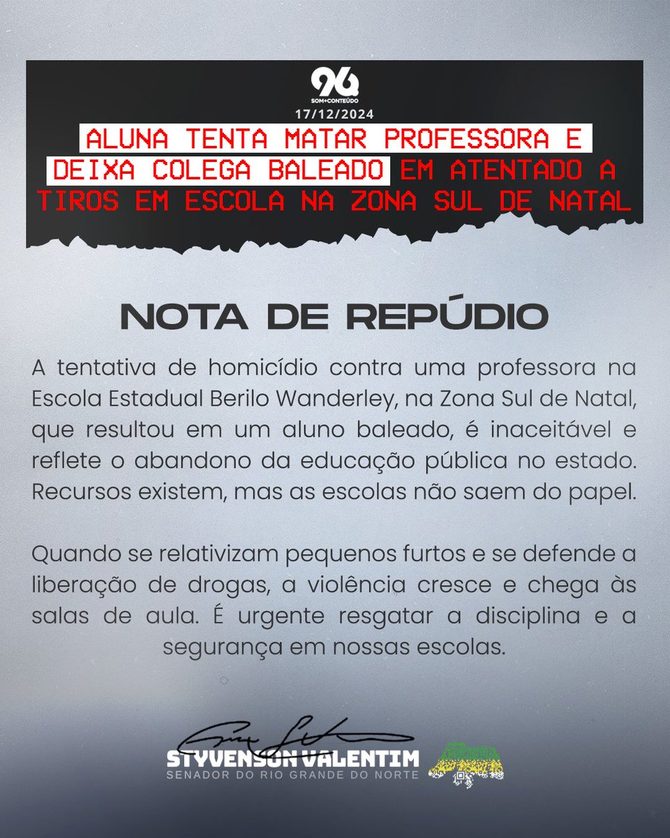 Nos solidarizamos com a professora e os envolvidos no triste episódio na Escola Estadual Berilo Wanderley. A violência nas escolas é inaceitável e exige ações urgentes para garantir segurança e respeito a todos.