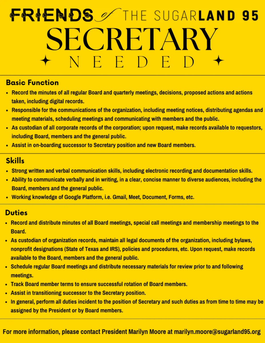 📢 Join Our Team!
Friends of the Sugar Land 95 is seeking a Secretary to help preserve history! Duties include managing records, communications, &amp; board minutes. If you're organized &amp; passionate about making a difference, contact marilyn.moore@sugarland95.org.