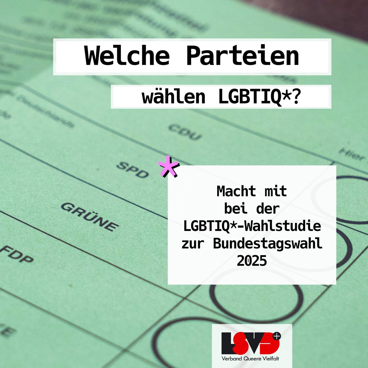 Welche Parteien wählen #LGBTIQ* bei der Bundestagwahl am 23. Februar 2025? 
👉 Jetzt bei der Wahlstudie mitmachen! 
lsvd.de/de/ct/13417-LG…