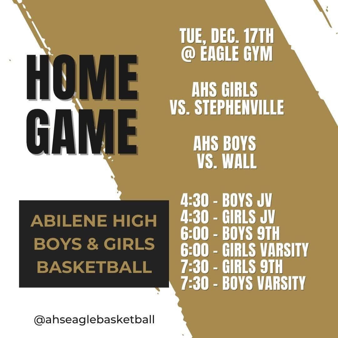 Abilene HS Lady Eagle Athletics (@abiladyeagles) on Twitter photo Eagle gym will be packed tonight! 1st game of the year with both <a href="/AHighGirlsBB/">Abilene High Girls Basketball</a> and <a href="/ahseaglehoops/">Abilene High Boys Basketball</a>
Come out and support! Eagle gym will be packed tonight! 1st game of the year with both <a href="/AHighGirlsBB/">Abilene High Girls Basketball</a> and <a href="/ahseaglehoops/">Abilene High Boys Basketball</a>
Come out and support!