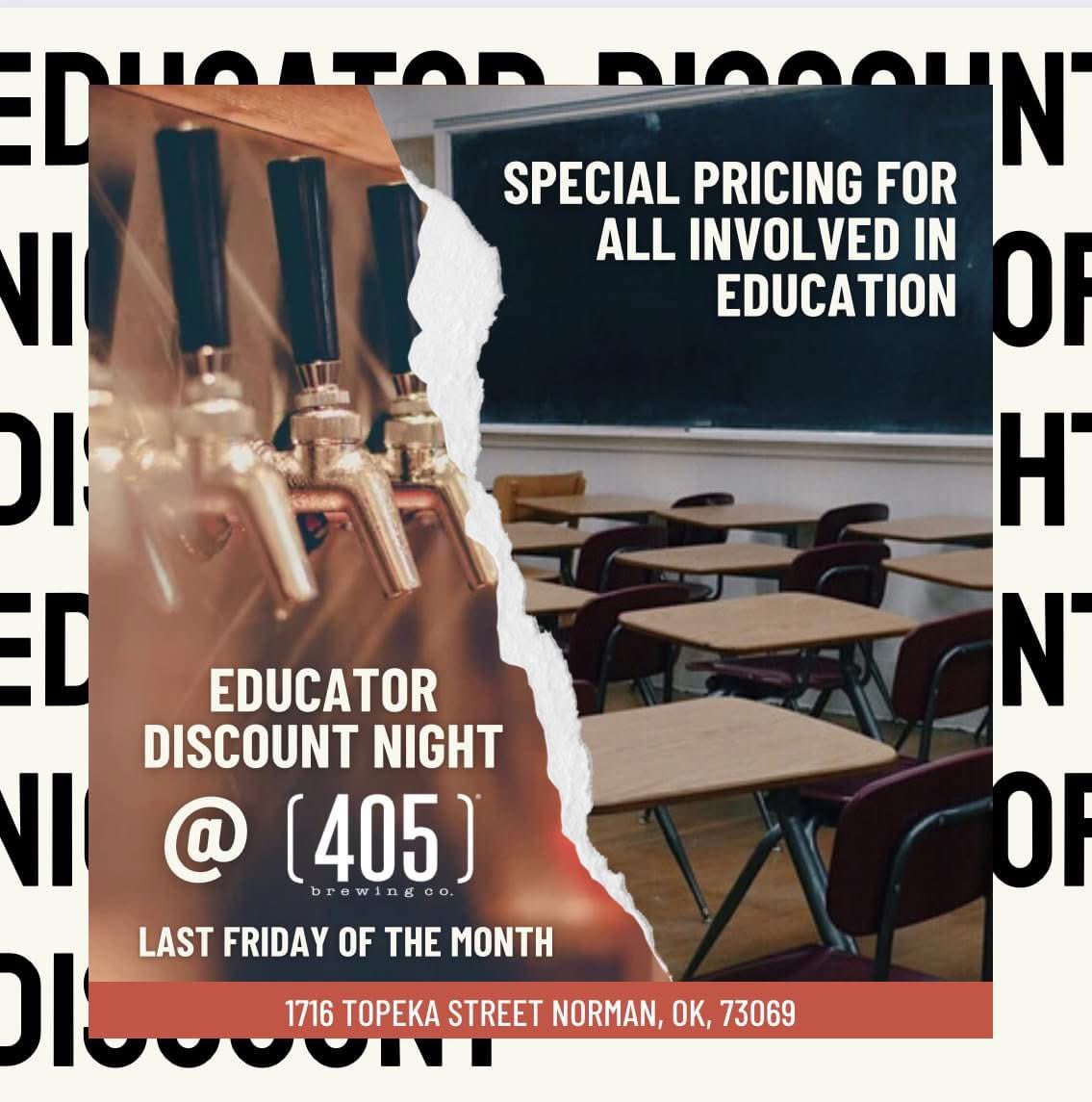 Winter break is almost here! We know you’ve earned a cold beer. 

Whether you teach or are a staff member, join us at the new downtown #405Brewing location on Friday, Dec 20th for our monthly Educator Night!

(NOTE: Due to holiday hours, this month’s event is on the 3rd Friday)