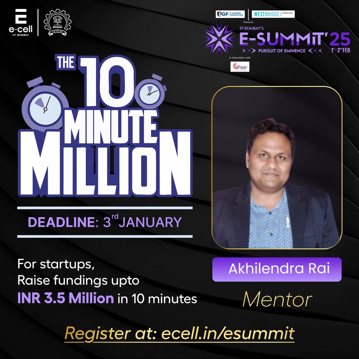 Are you a visionary startup founder?

As a mentor at <a href="/ECell_IITB/">E-Cell, IIT Bombay</a>, I’m thrilled to present The Ten Minute Million (TTMM)—India’s 1st on-the-spot funding event!

Register here : lnkd.in/d_8x49_H

#Startups #Entrepreneurship #Funding #ecell_iitb #iit