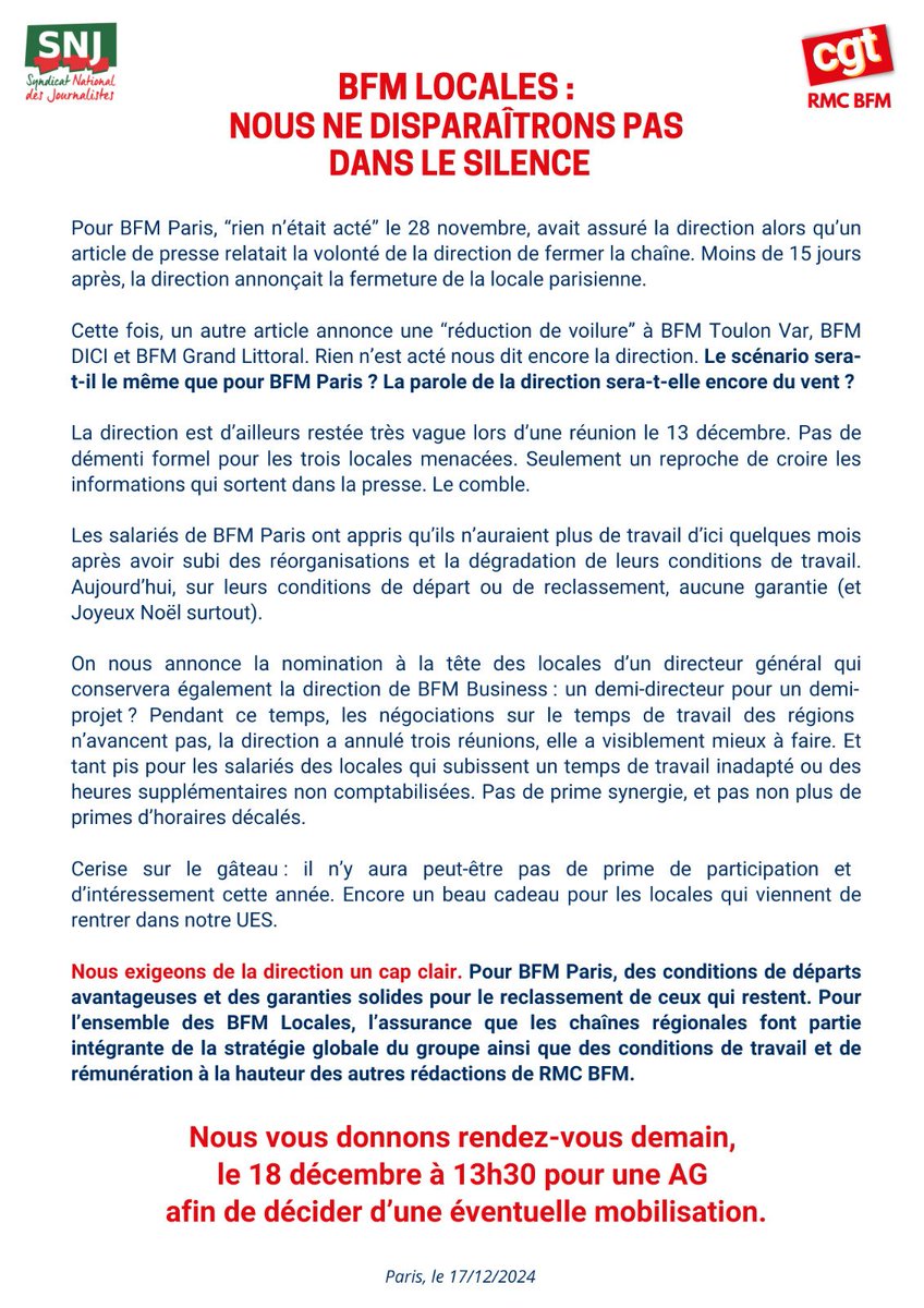 CGT_RMC_BFM's tweet photo. 🔴BFM Locales : nous ne disparaîtrons pas dans le silence. 
▶️Nous vous donnons rendez-vous demain, le 18 décembre à 13h30 pour une AG afin de décider d’une éventuelle mobilisation. 
#RMCBFM #BFMLocales #Mobilisation
@SnjCgt @SNJ_national @SNRT_CGT_AV https://t.co/E9XalZriqz